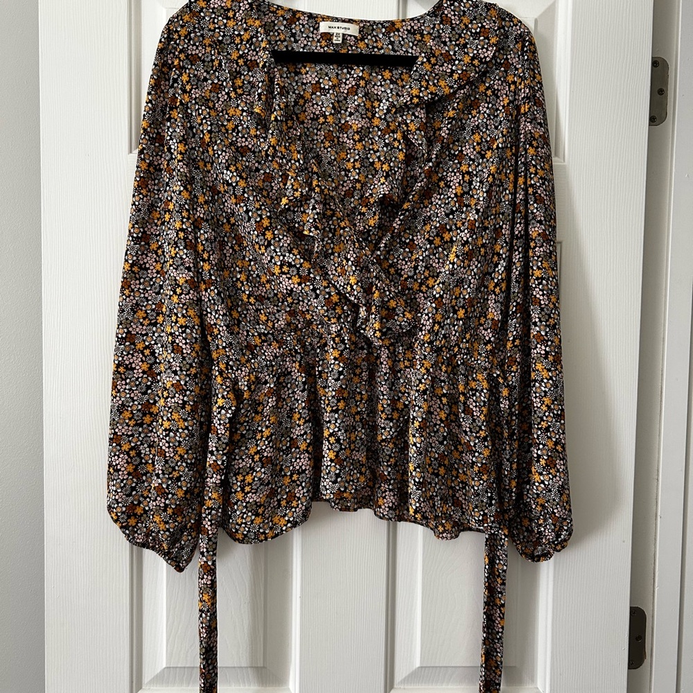 Max Studio Floral Wrap Blouse in Black with Mustard and Cream